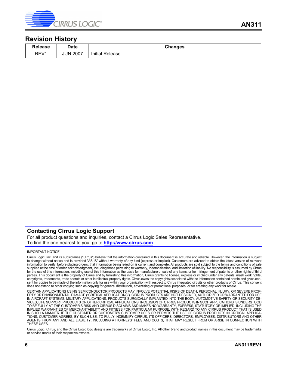 An311 revision history, Contacting cirrus logic support | Cirrus Logic AN311 User Manual | Page 6 / 6