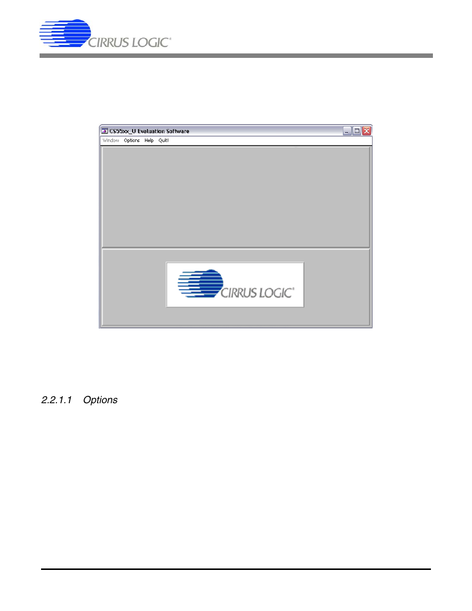 1 start-up window, 1 options, Figure 4. evaluation software start-up screen | Cdb5530u | Cirrus Logic CDB5530U User Manual | Page 9 / 20