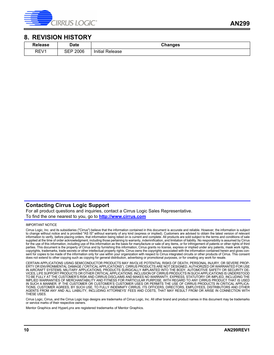 Revision history, An299 8. revision history, Contacting cirrus logic support | Cirrus Logic AN299 User Manual | Page 10 / 10