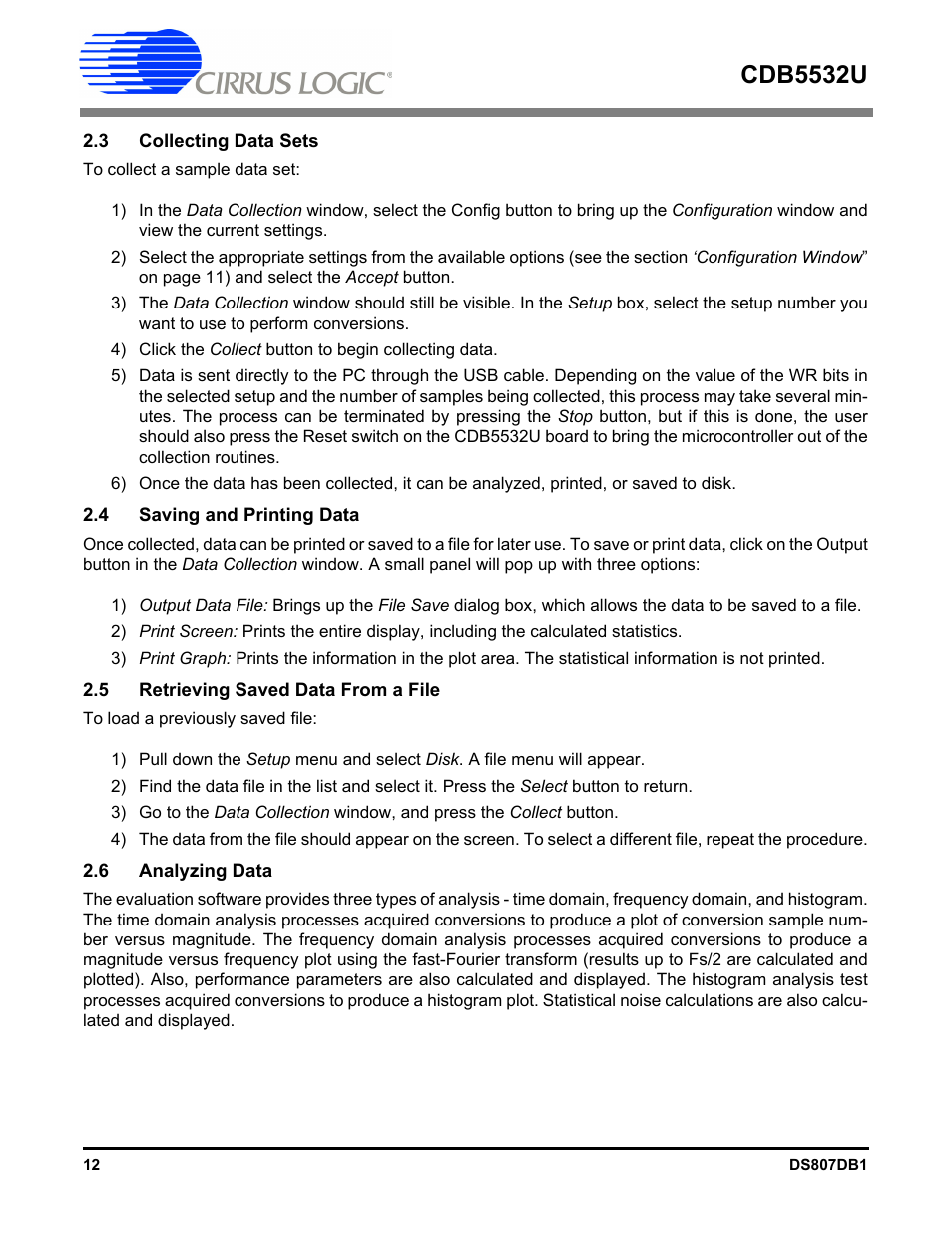 3 collecting data sets, 4 saving and printing data, 5 retrieving saved data from a file | 6 analyzing data, Cdb5532u | Cirrus Logic CDB5532U User Manual | Page 12 / 22