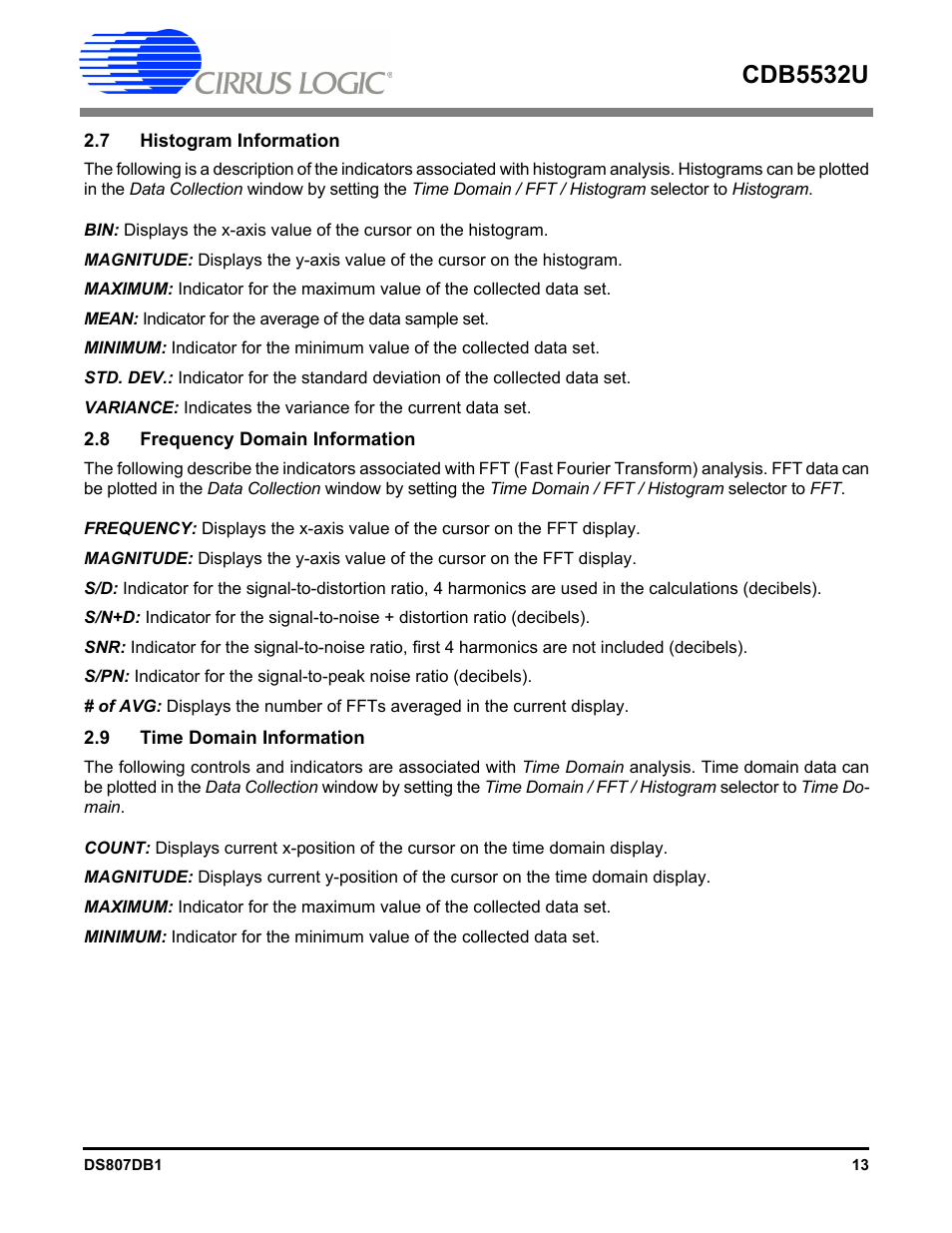 7 histogram information, 8 frequency domain information, 9 time domain information | Cdb5532u | Cirrus Logic CDB5532U User Manual | Page 13 / 22
