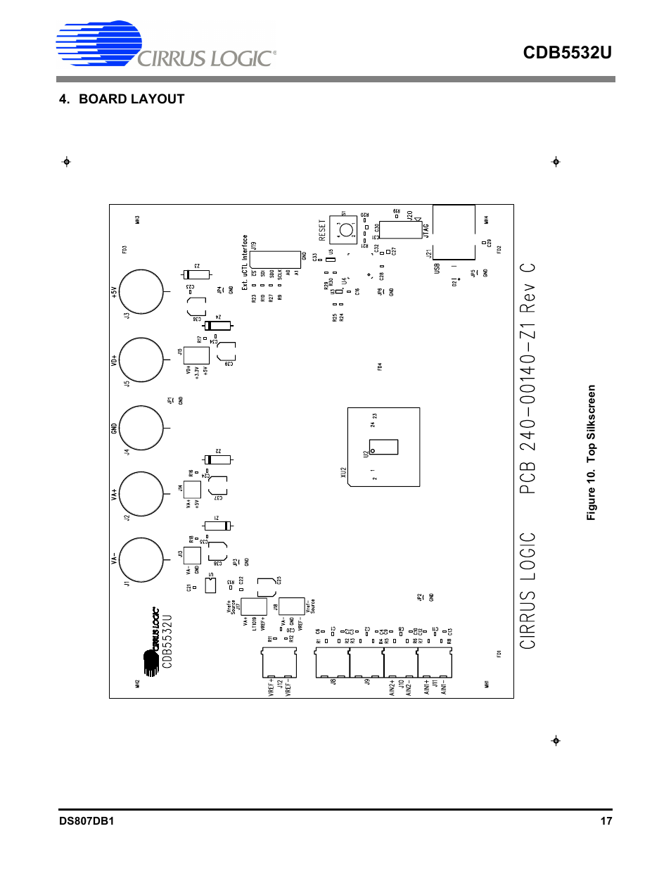 Board layout, Figure 10. top silkscreen, Cdb5532u | Cirrus Logic CDB5532U User Manual | Page 17 / 22