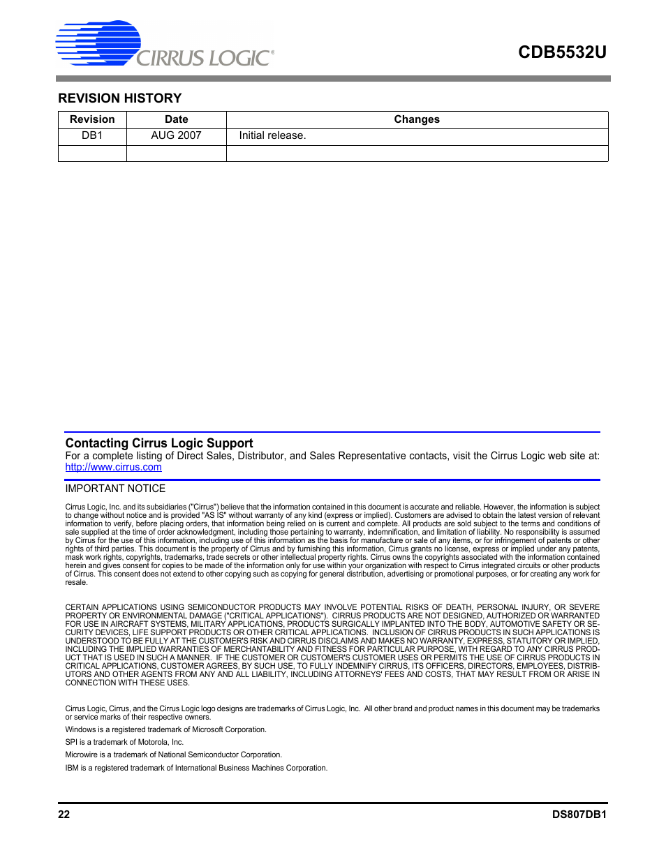 Revision history, Cdb5532u, Contacting cirrus logic support | Cirrus Logic CDB5532U User Manual | Page 22 / 22
