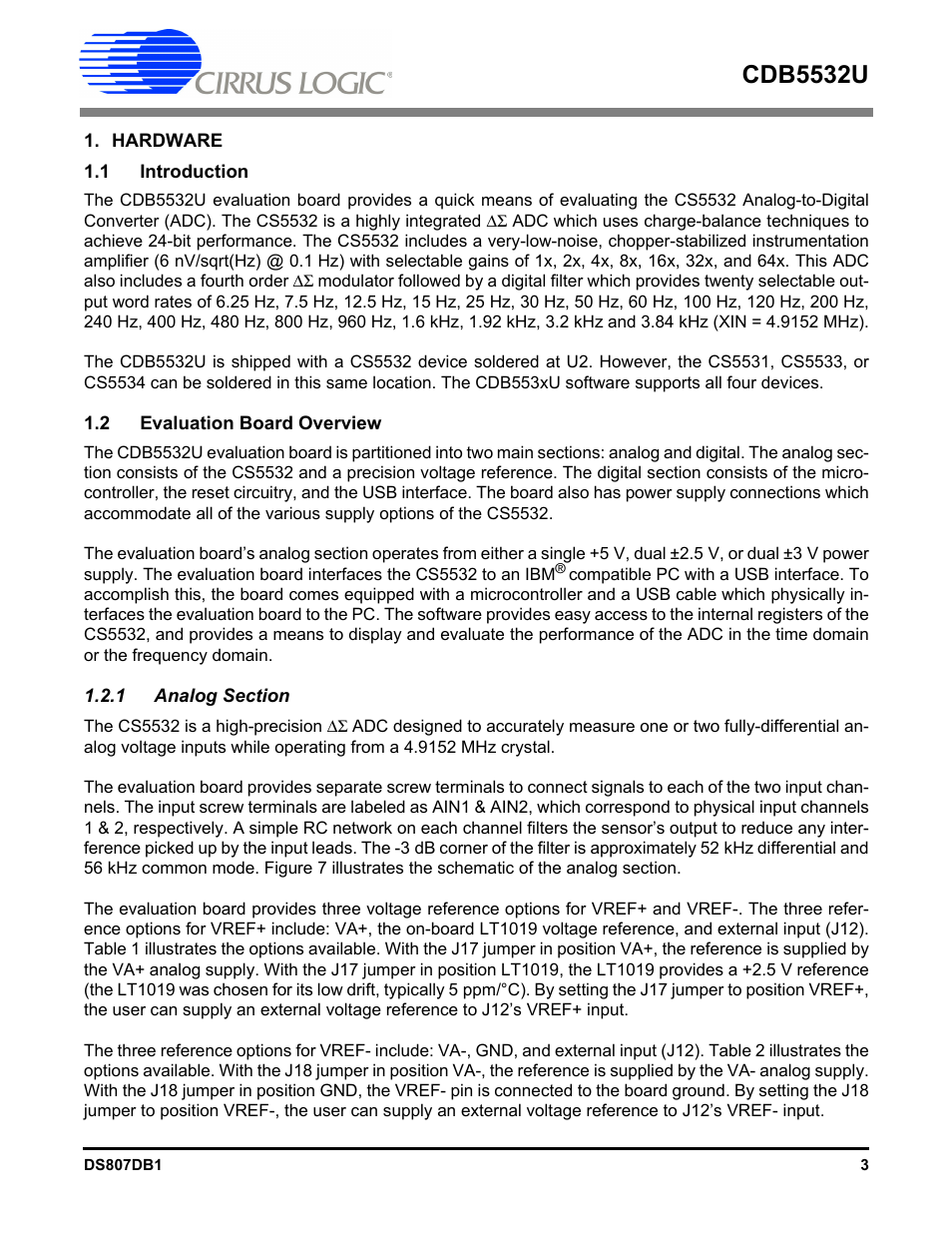 Hardware, 1 introduction, 2 evaluation board overview | 1 analog section, 1 introduction 1.2 evaluation board overview, Cdb5532u | Cirrus Logic CDB5532U User Manual | Page 3 / 22