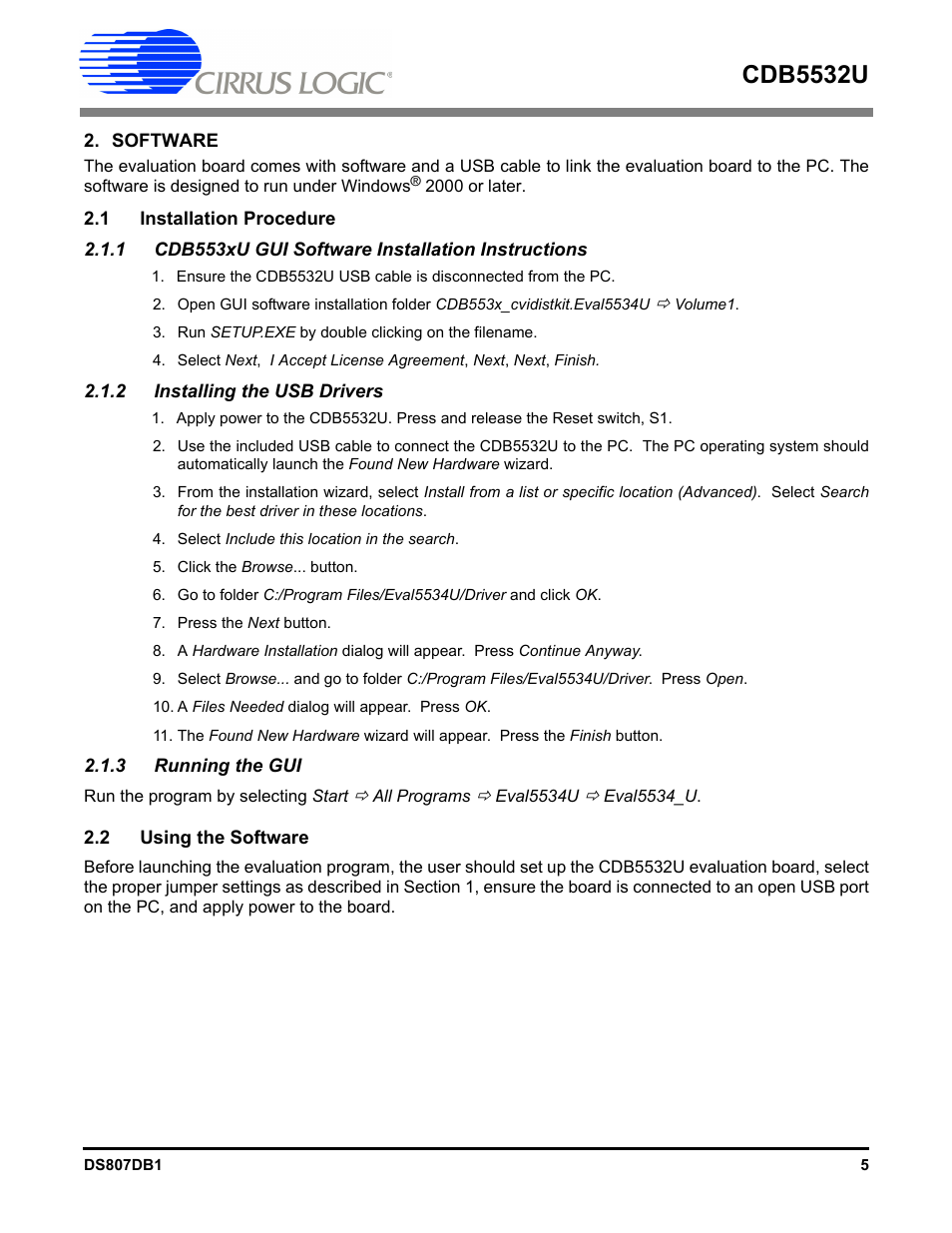 Software, 1 installation procedure, 1 cdb553xu gui software installation instructions | 2 installing the usb drivers, 3 running the gui, 2 using the software, Cdb5532u | Cirrus Logic CDB5532U User Manual | Page 5 / 22