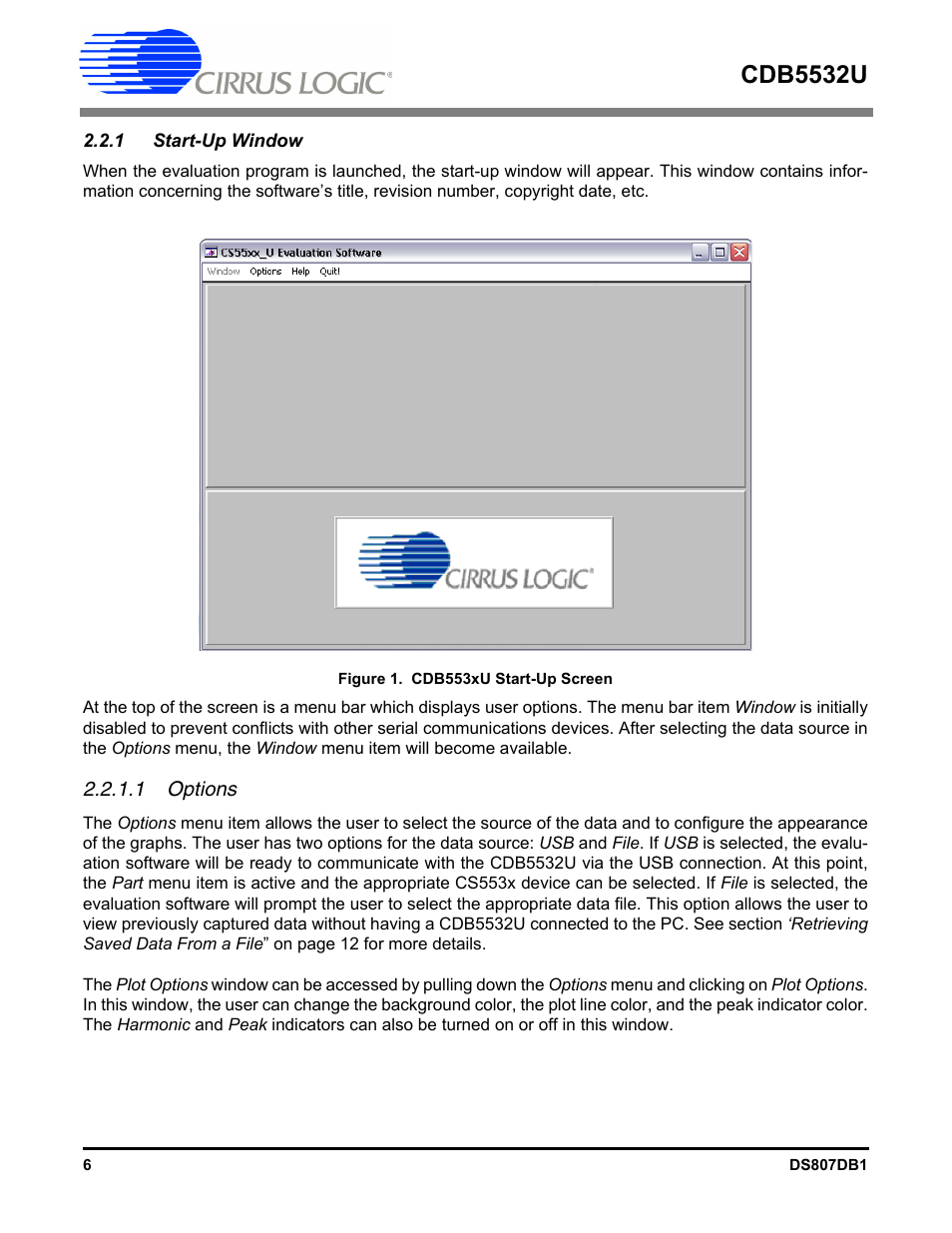 1 start-up window, 1 options, Figure 1. cdb553xu start-up screen | Cdb5532u | Cirrus Logic CDB5532U User Manual | Page 6 / 22
