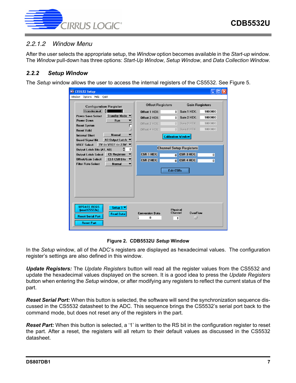2 window menu, 2 setup window, Figure 2. cdb5532u setup window | Cdb5532u | Cirrus Logic CDB5532U User Manual | Page 7 / 22
