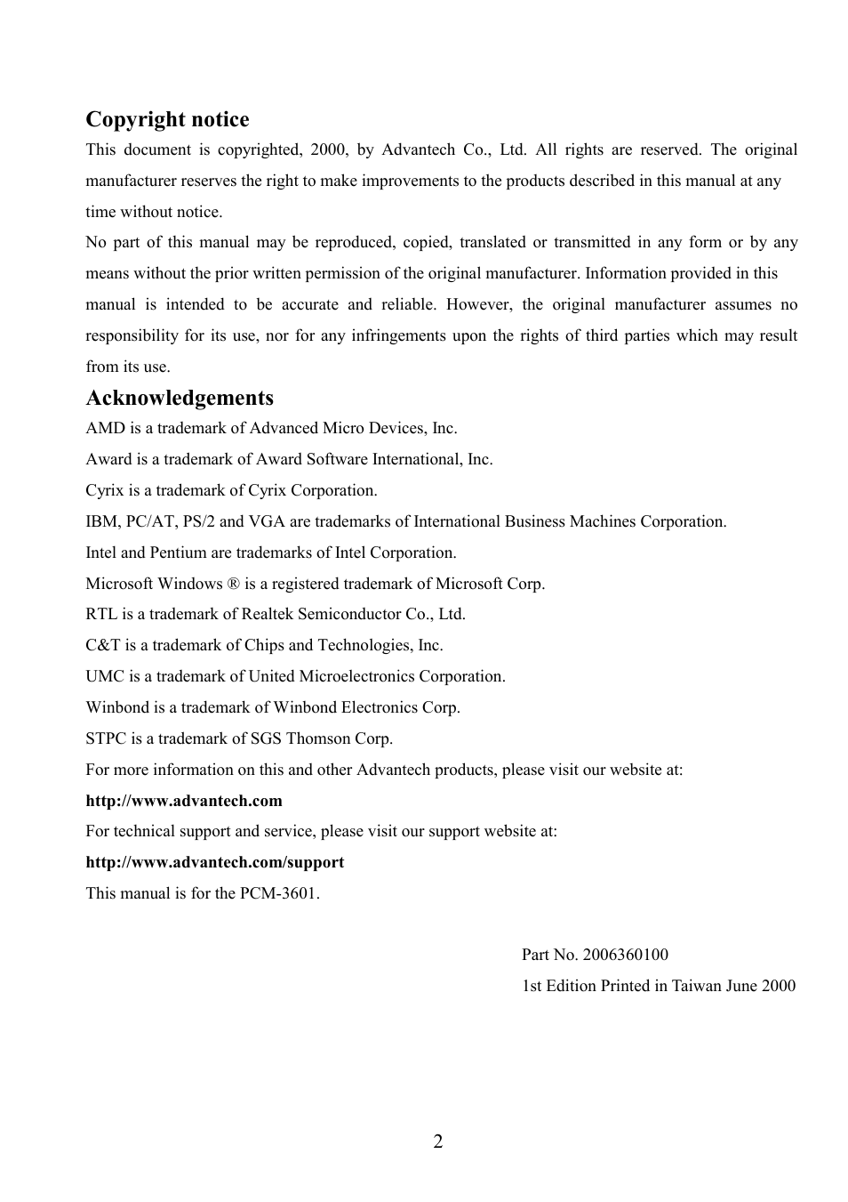 Copyright notice, Acknowledgements | Advantech PCM-3601 User Manual | Page 2 / 35