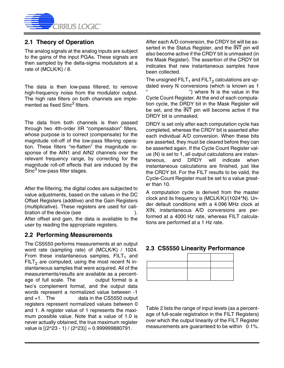 1 theory of operation, 1 high-rate digital low-pass filters, 2 digital compensation filters | 3 gain and offset adjustment, 2 performing measurements, 3 cs5550 linearity performance, Cs5550 | Cirrus Logic CS5550 User Manual | Page 10 / 24
