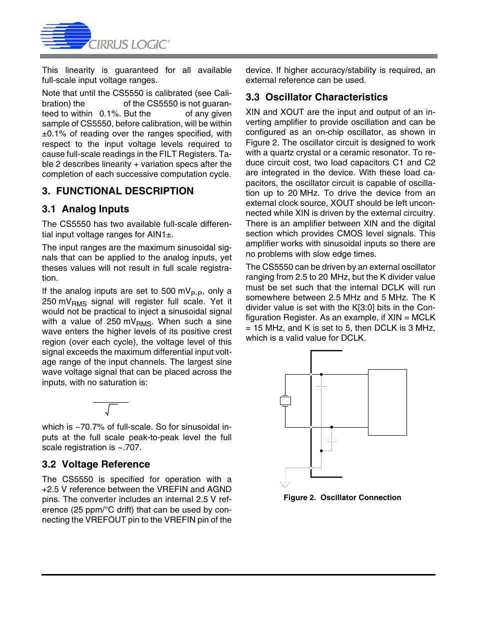 Functional description, 1 analog inputs, 2 voltage reference | 3 oscillator characteristics, Figure 2. oscillator connection, Cs5550, Functional description 3.1 analog inputs | Cirrus Logic CS5550 User Manual | Page 11 / 24