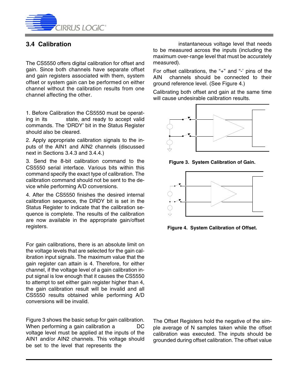 4 calibration, 1 overview of calibration process, 2 calibration sequence | 3 calibration signal input level, 4 input configurations for calibrations, 5 description of calibration algorithms, 1 offset calibration sequence, Cs5550, 5 description of calibration algo- rithms | Cirrus Logic CS5550 User Manual | Page 12 / 24