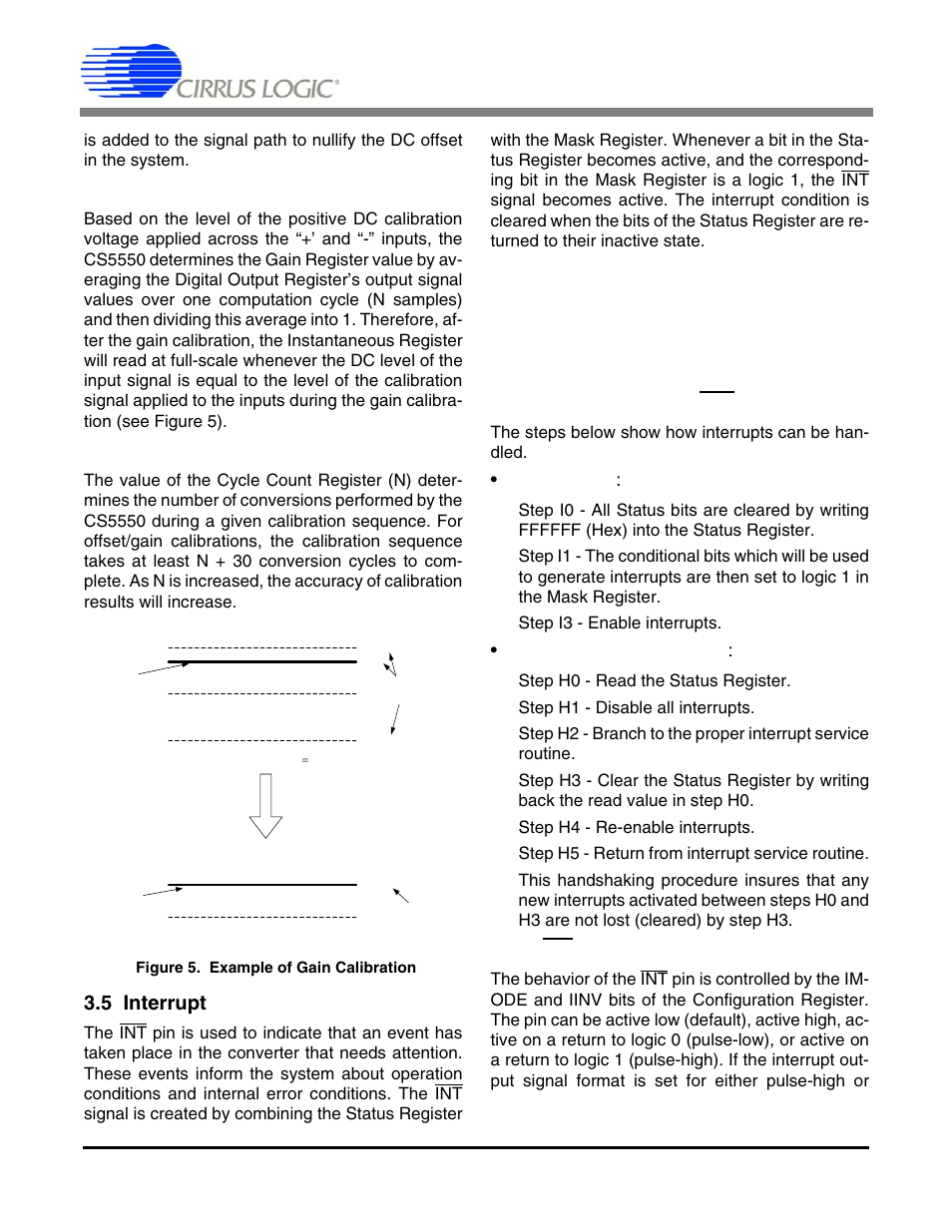 2 gain calibration sequence, 6 duration of calibration sequence, 5 interrupt | 1 typical use of the int pin, 2 int active state, Figure 5. example of gain calibration, Cs5550, Initialization, Interrupt handler routine | Cirrus Logic CS5550 User Manual | Page 13 / 24