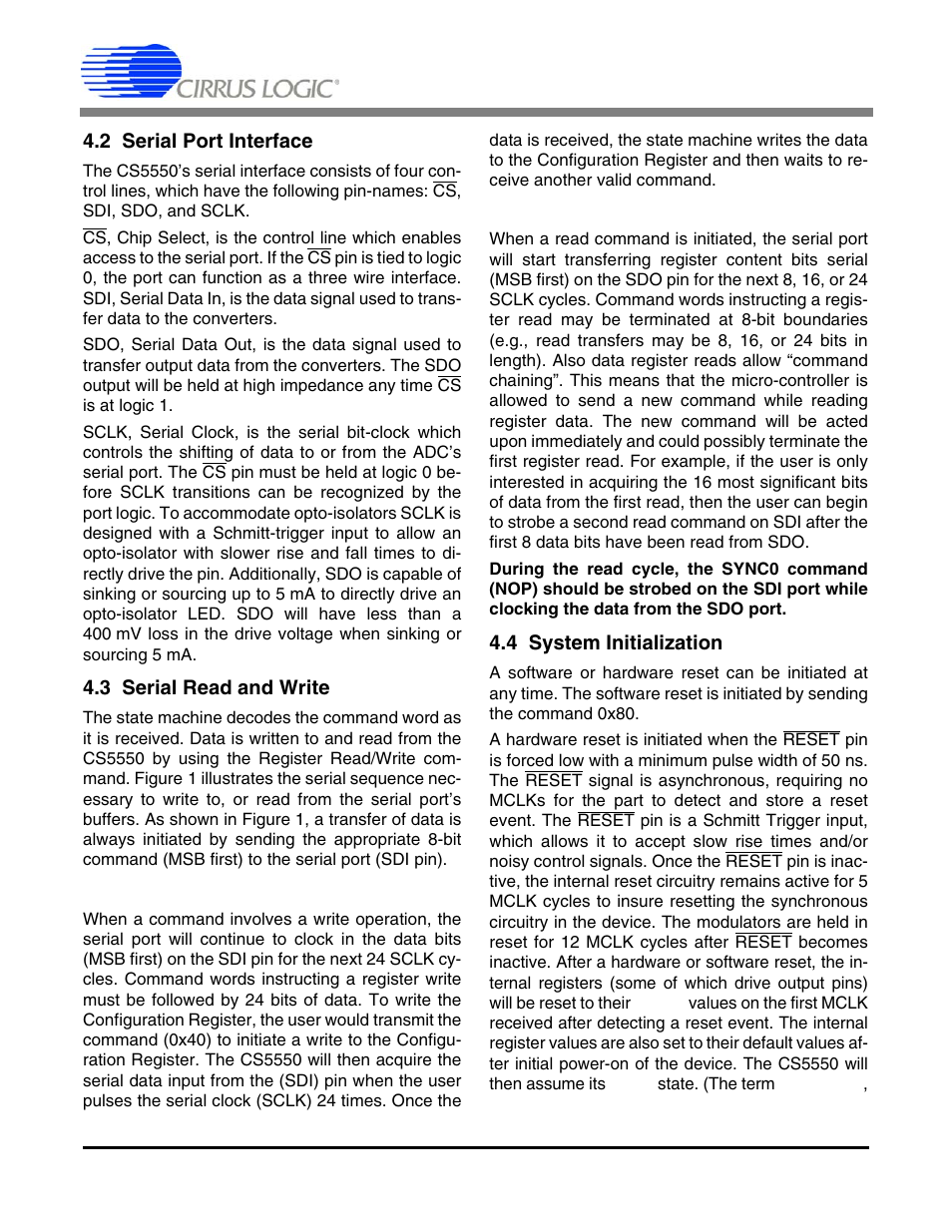 2 serial port interface, 3 serial read and write, 1 register write | 2 register read, 4 system initialization, 2 serial port interface 4.3 serial read and write, 1 register write 4.3.2 register read, Cs5550 | Cirrus Logic CS5550 User Manual | Page 18 / 24