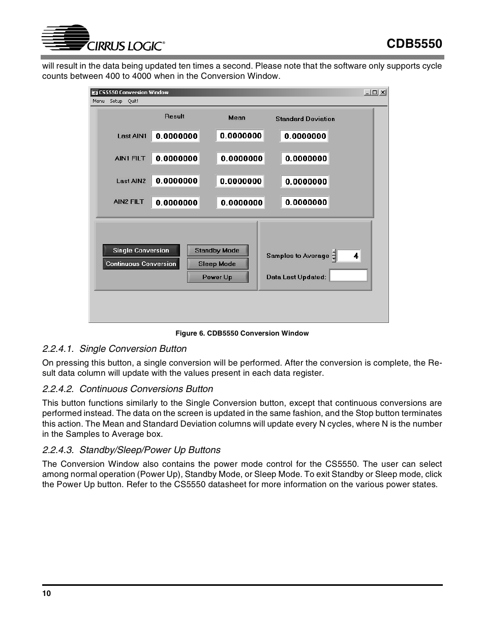 Single conversion button, Continuous conversions button, Standby/sleep/power up buttons | Figure 6. cdb5550 conversion window, Cdb5550 | Cirrus Logic CS5550 User Manual | Page 10 / 23