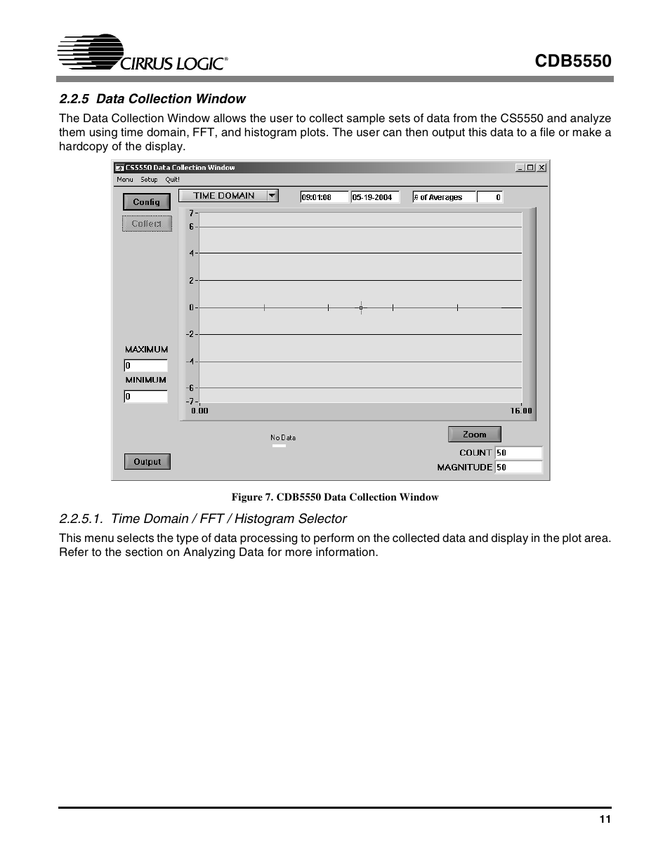5 data collection window, Time domain / fft / histogram selector, Cdb5550 | Cirrus Logic CS5550 User Manual | Page 11 / 23