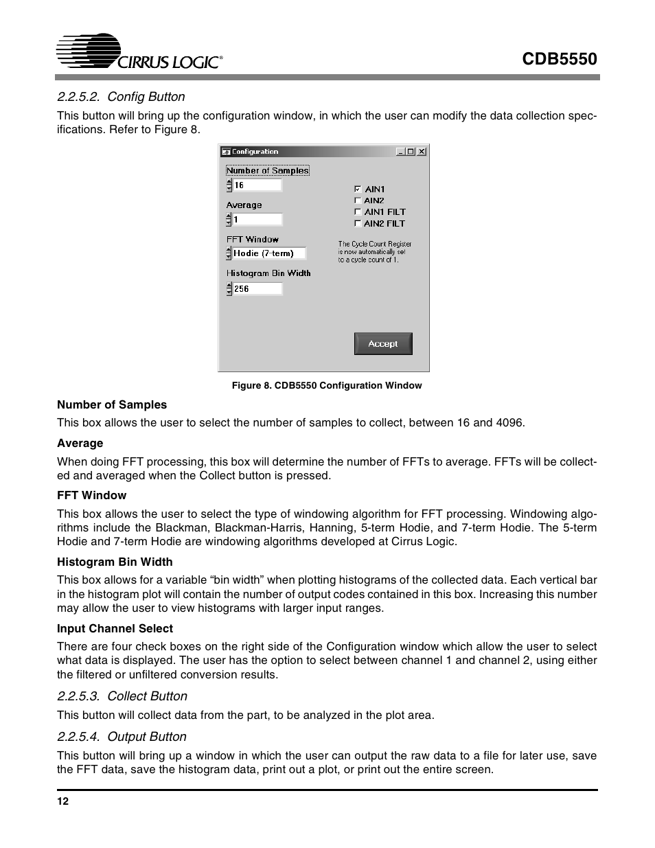 Config button, Collect button, Output button | Figure 8. cdb5550 configuration window, Cdb5550 | Cirrus Logic CS5550 User Manual | Page 12 / 23