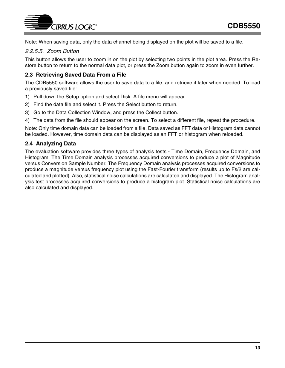 Zoom button, 3 retrieving saved data from a file, 4 analyzing data | Cdb5550 | Cirrus Logic CS5550 User Manual | Page 13 / 23