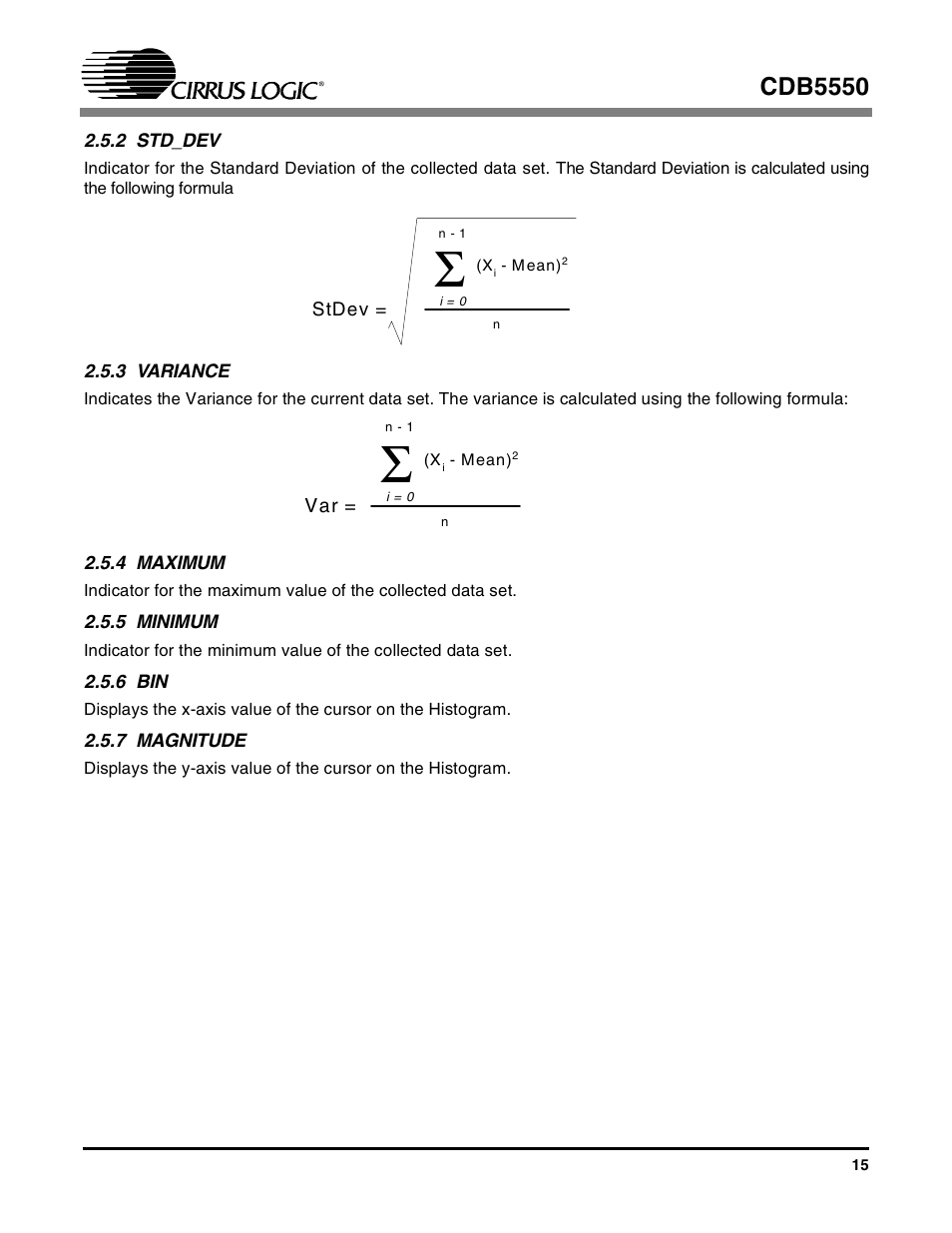 2 std_dev, 3 variance, 4 maximum | 5 minimum, 6 bin, 7 magnitude, Cdb5550 | Cirrus Logic CS5550 User Manual | Page 15 / 23