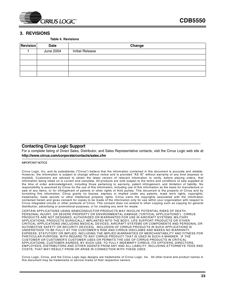 Revisions, Table 4. revisions, Cdb5550 | Cirrus Logic CS5550 User Manual | Page 23 / 23