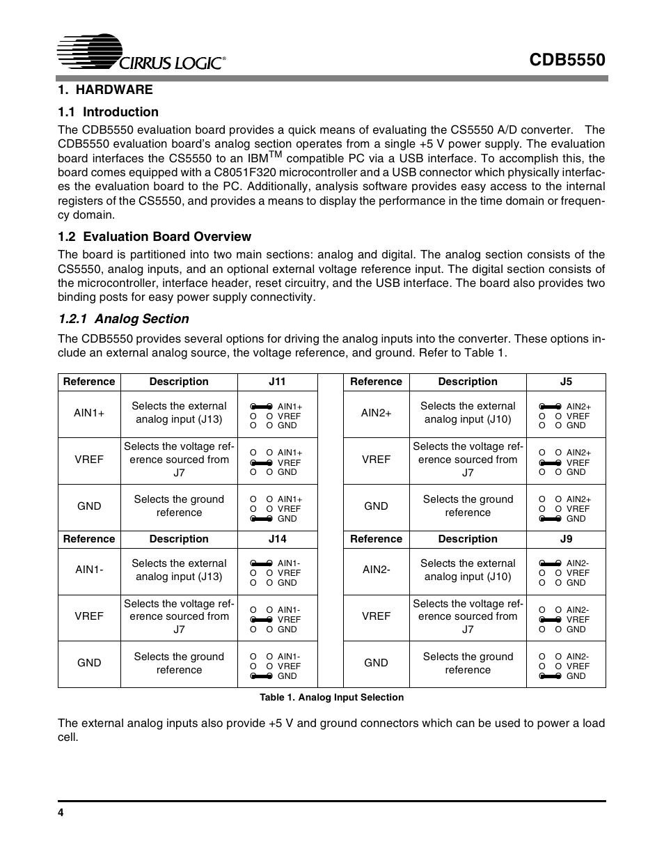 Hardware, 1 introduction, 2 evaluation board overview | 1 analog section, Table 1. analog input selection, Cdb5550 | Cirrus Logic CS5550 User Manual | Page 4 / 23