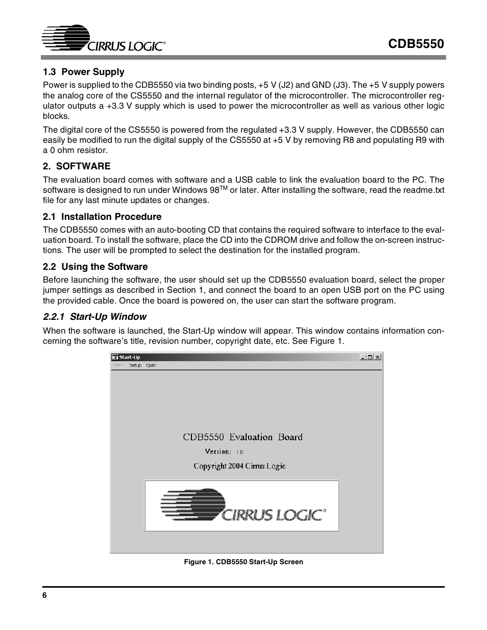 3 power supply, Software, 1 installation procedure | 2 using the software, 1 start-up window, Figure 1. cdb5550 start-up screen, Cdb5550 | Cirrus Logic CS5550 User Manual | Page 6 / 23