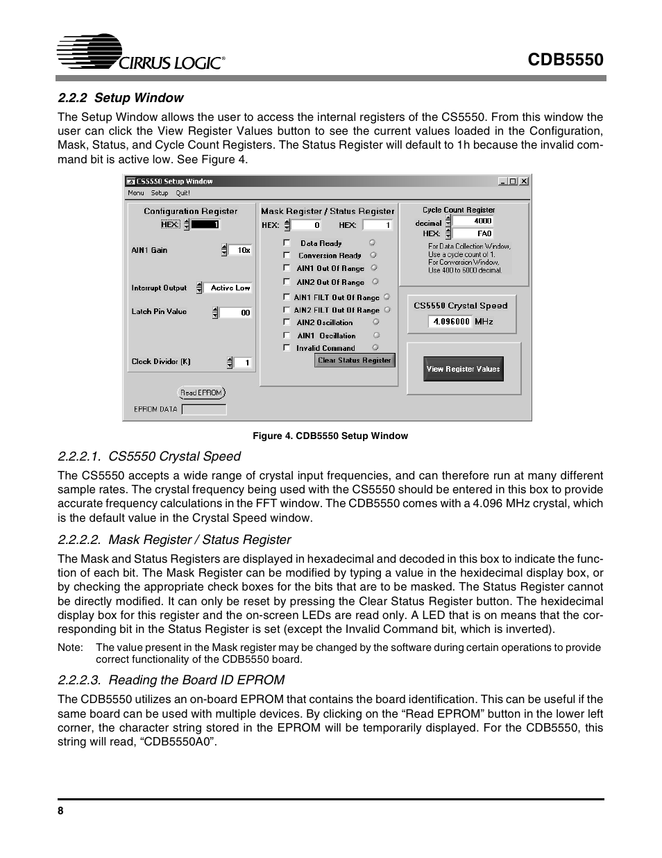 2 setup window, Cs5550 crystal speed, Mask register / status register | Reading the board id eprom, Figure 4. cdb5550 setup window, Cdb5550 | Cirrus Logic CS5550 User Manual | Page 8 / 23