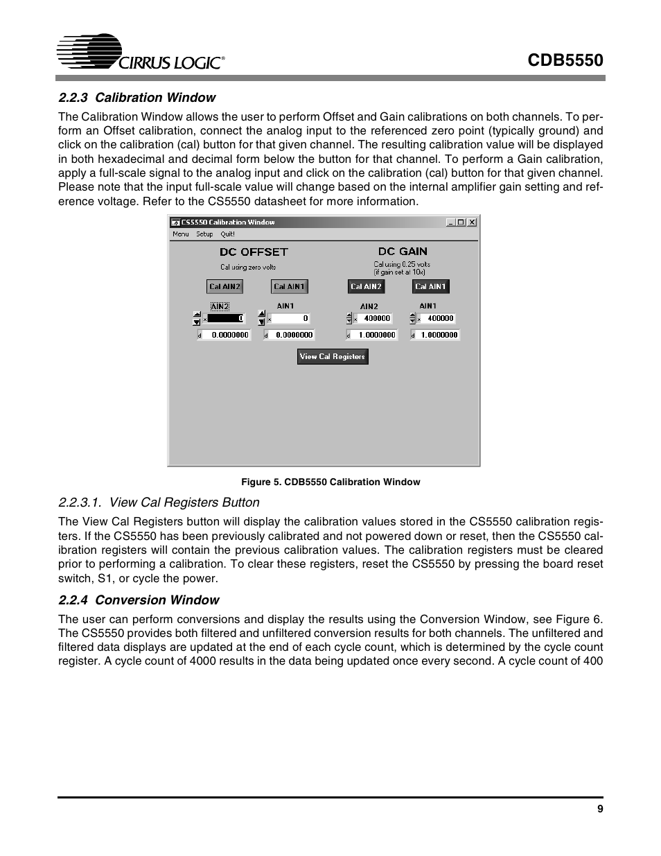 3 calibration window, View cal registers button, 4 conversion window | Figure 5. cdb5550 calibration window, Cdb5550 | Cirrus Logic CS5550 User Manual | Page 9 / 23