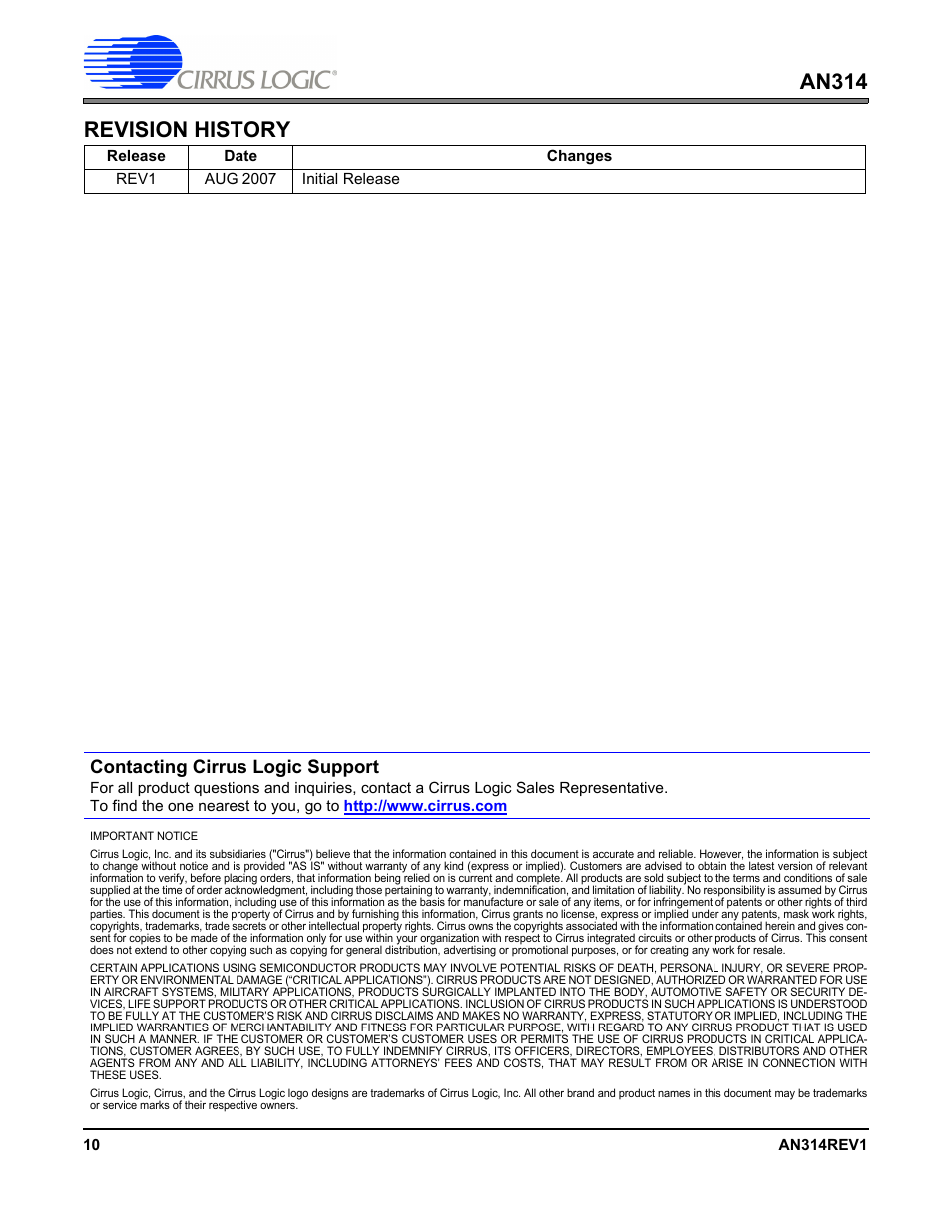 An314 revision history, Contacting cirrus logic support | Cirrus Logic AN314 User Manual | Page 10 / 10