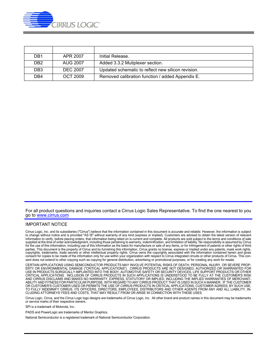 Revision history, Appendix e. revision history, Cdb5571 | Contacting cirrus logic support | Cirrus Logic CDB5571 User Manual | Page 26 / 26