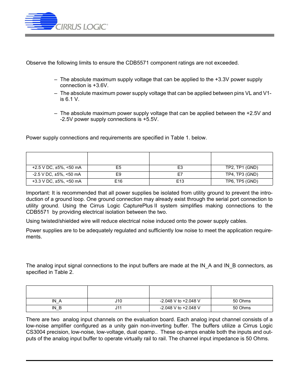 Hardware description, 1 absolute maximum ratings, 2 power supply | 3 analog section, 1 analog input buffers, Cdb5571 | Cirrus Logic CDB5571 User Manual | Page 6 / 26