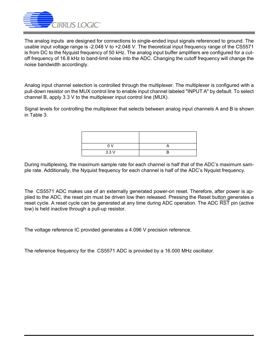 2 multiplexer, 3 adc reset, 4 voltage reference | 5 adc reference frequency, Table 3. analog input channel selection, Cdb5571 | Cirrus Logic CDB5571 User Manual | Page 7 / 26
