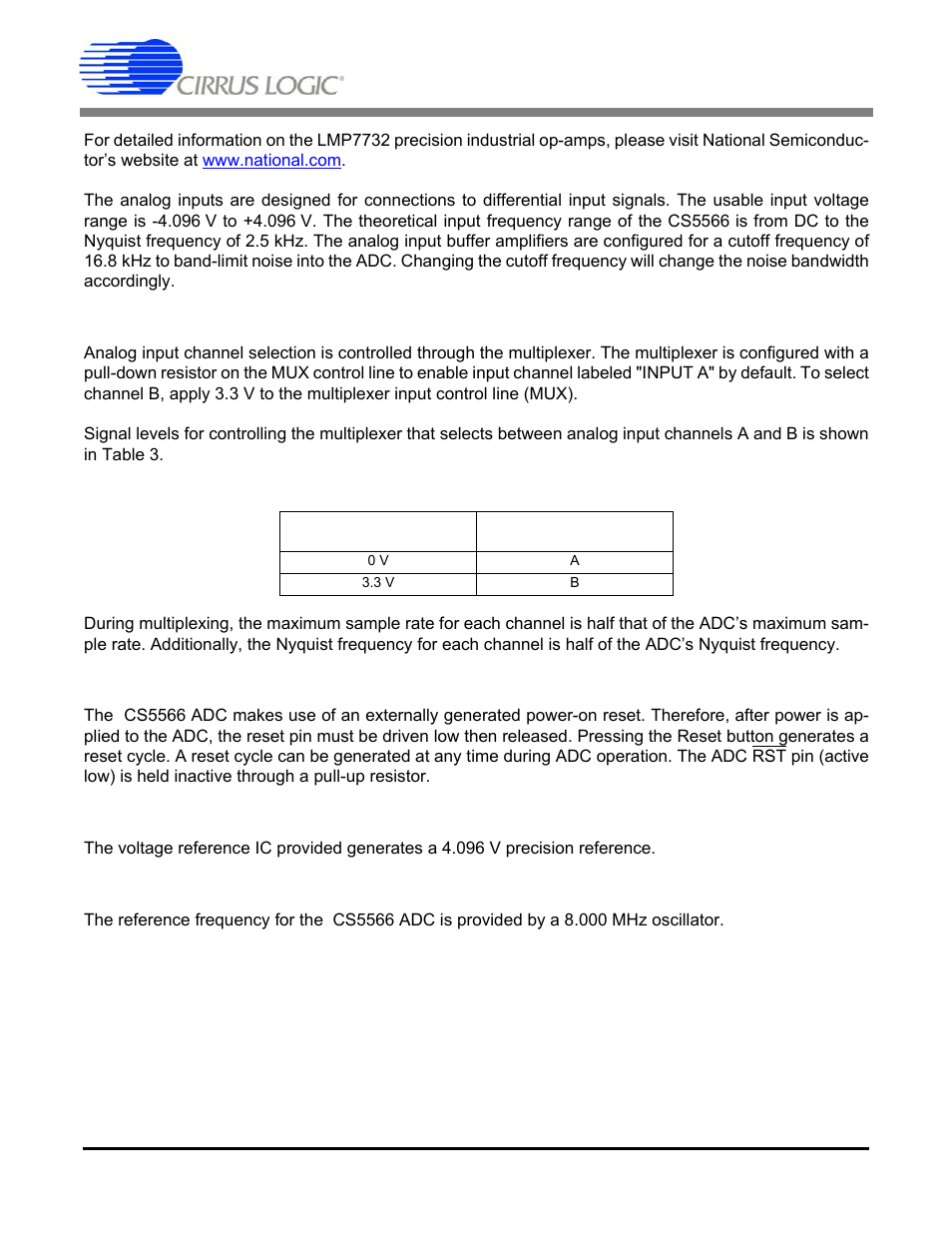 2 multiplexer, 3 adc reset, 4 voltage reference | 5 adc reference frequency, Table 3. analog input channel selection, Cdb5566 | Cirrus Logic CDB5566 User Manual | Page 7 / 26