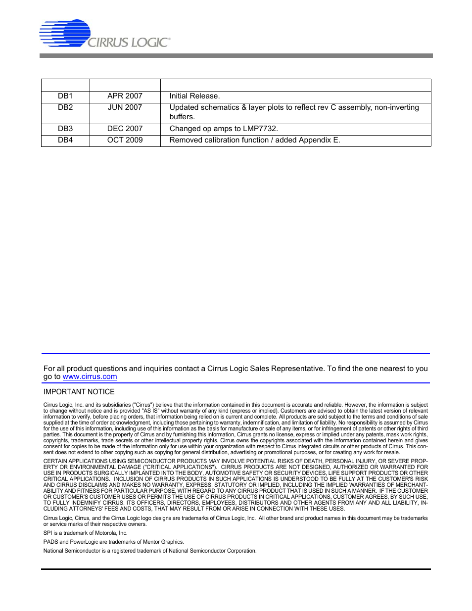 Revision history, Appendix e. revision history, Cdb5560 | Contacting cirrus logic support | Cirrus Logic CDB5560 User Manual | Page 26 / 26