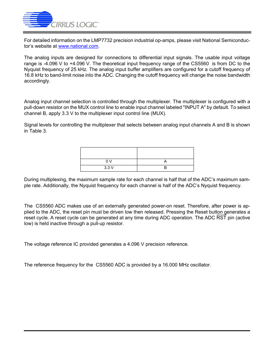 2 multiplexer, 3 adc reset, 4 voltage reference | 5 adc reference frequency, Table 3. analog input channel selection, Cdb5560 | Cirrus Logic CDB5560 User Manual | Page 7 / 26