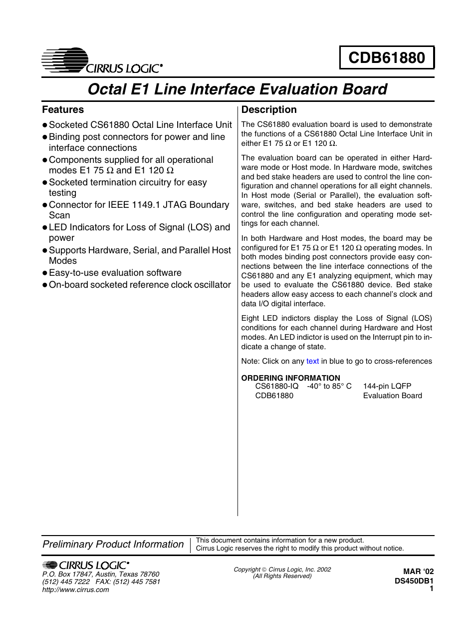 Cirrus Logic CDB61880 User Manual | 22 pages