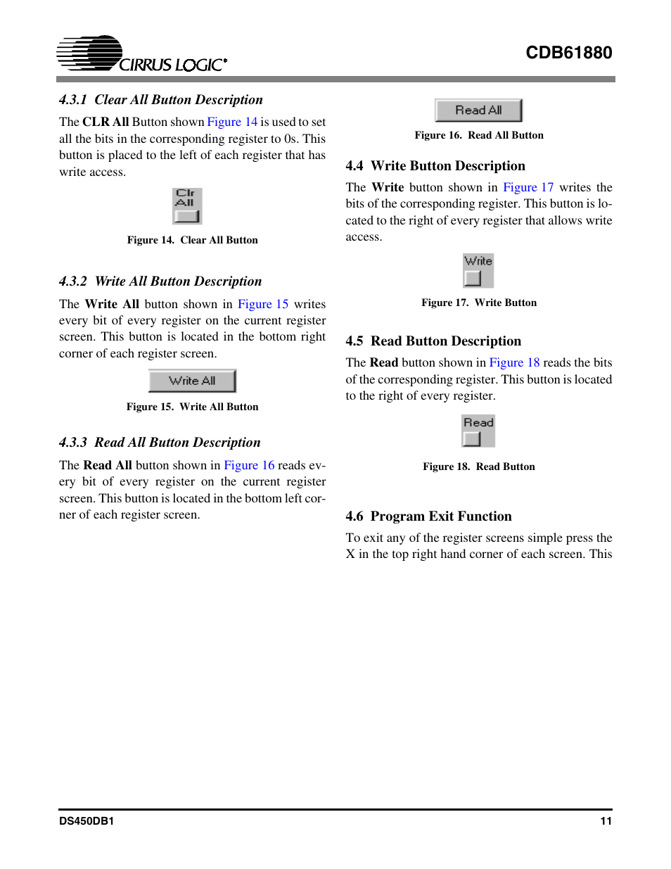 1 clear all button description, 2 write all button description, 3 read all button description | 4 write button description, 5 read button description, 6 program exit function | Cirrus Logic CDB61880 User Manual | Page 11 / 22