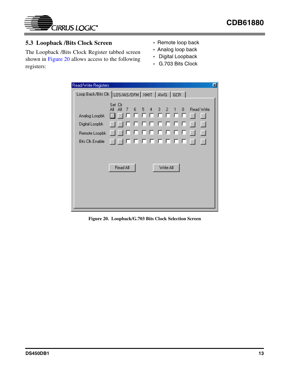 3 loopback /bits clock screen | Cirrus Logic CDB61880 User Manual | Page 13 / 22