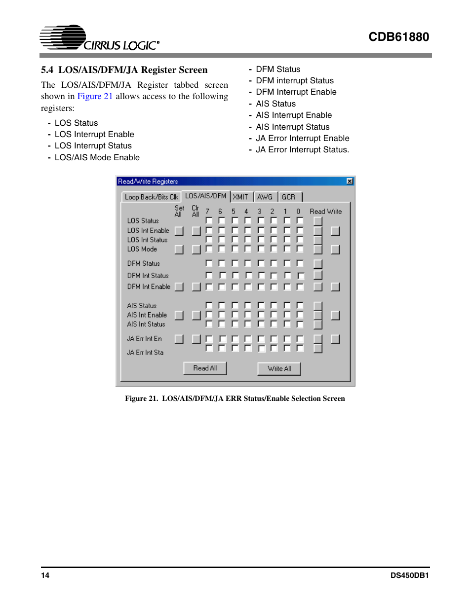4 los/ais/dfm/ja register screen | Cirrus Logic CDB61880 User Manual | Page 14 / 22