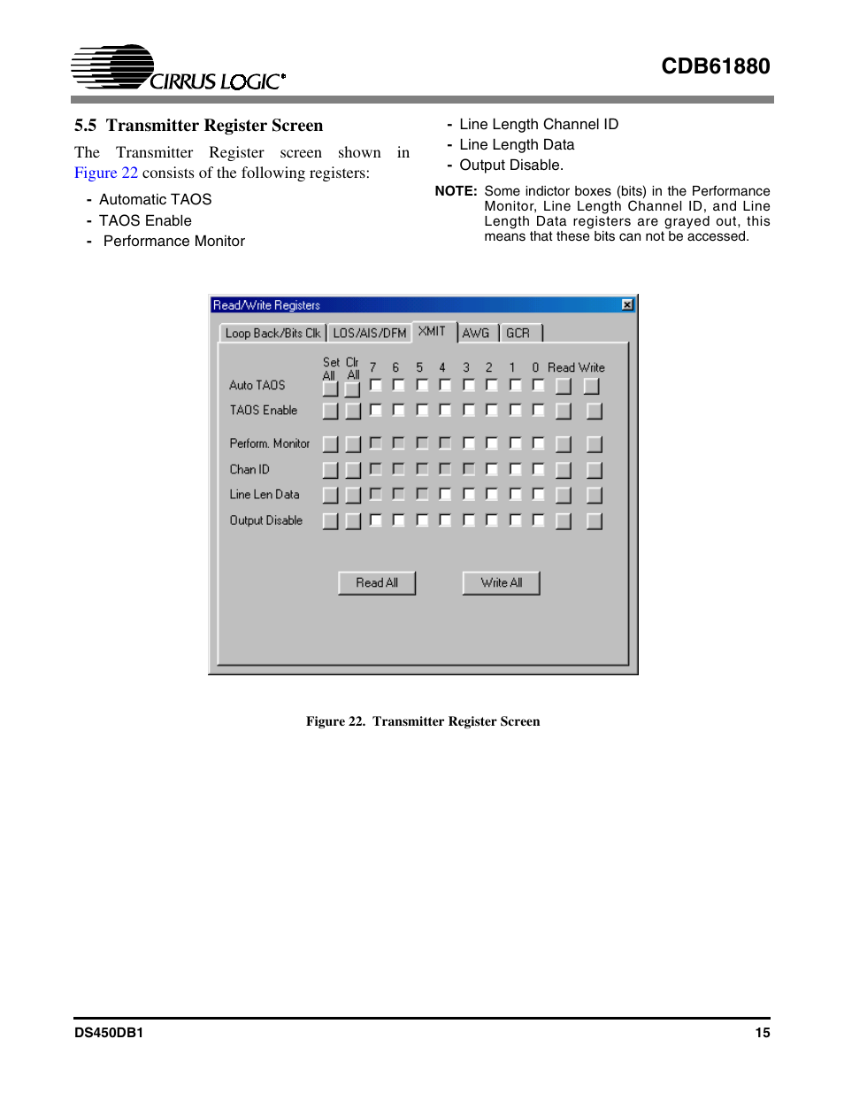 5 transmitter register screen, Figure 22. transmitter register screen | Cirrus Logic CDB61880 User Manual | Page 15 / 22