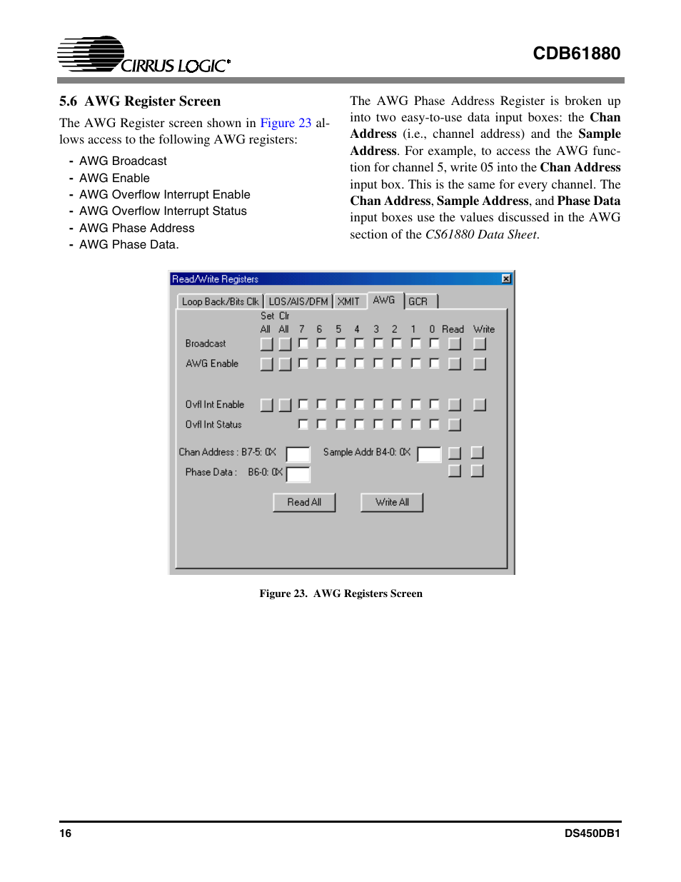 6 awg register screen, Figure 23. awg registers screen | Cirrus Logic CDB61880 User Manual | Page 16 / 22
