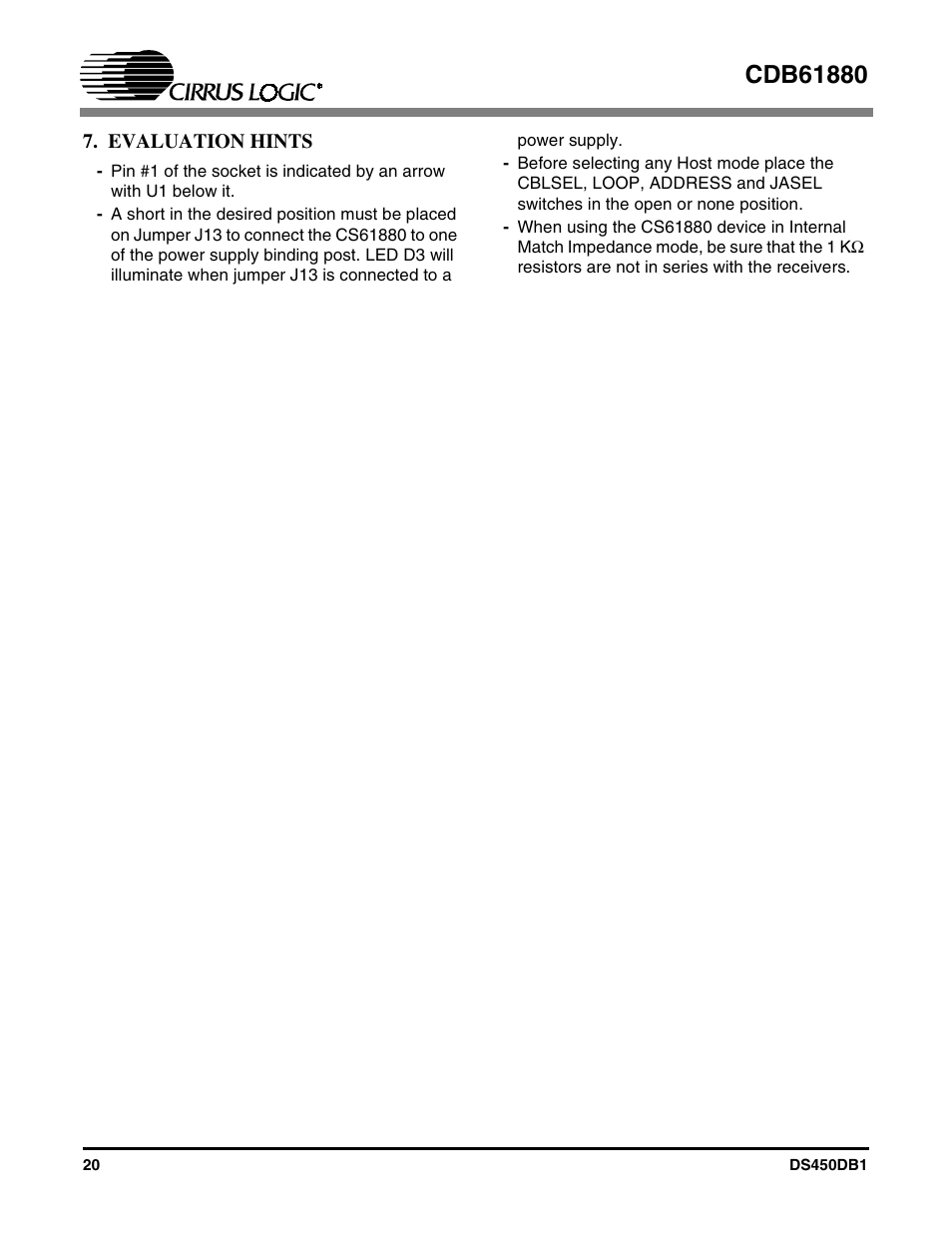 Evaluation hints | Cirrus Logic CDB61880 User Manual | Page 20 / 22