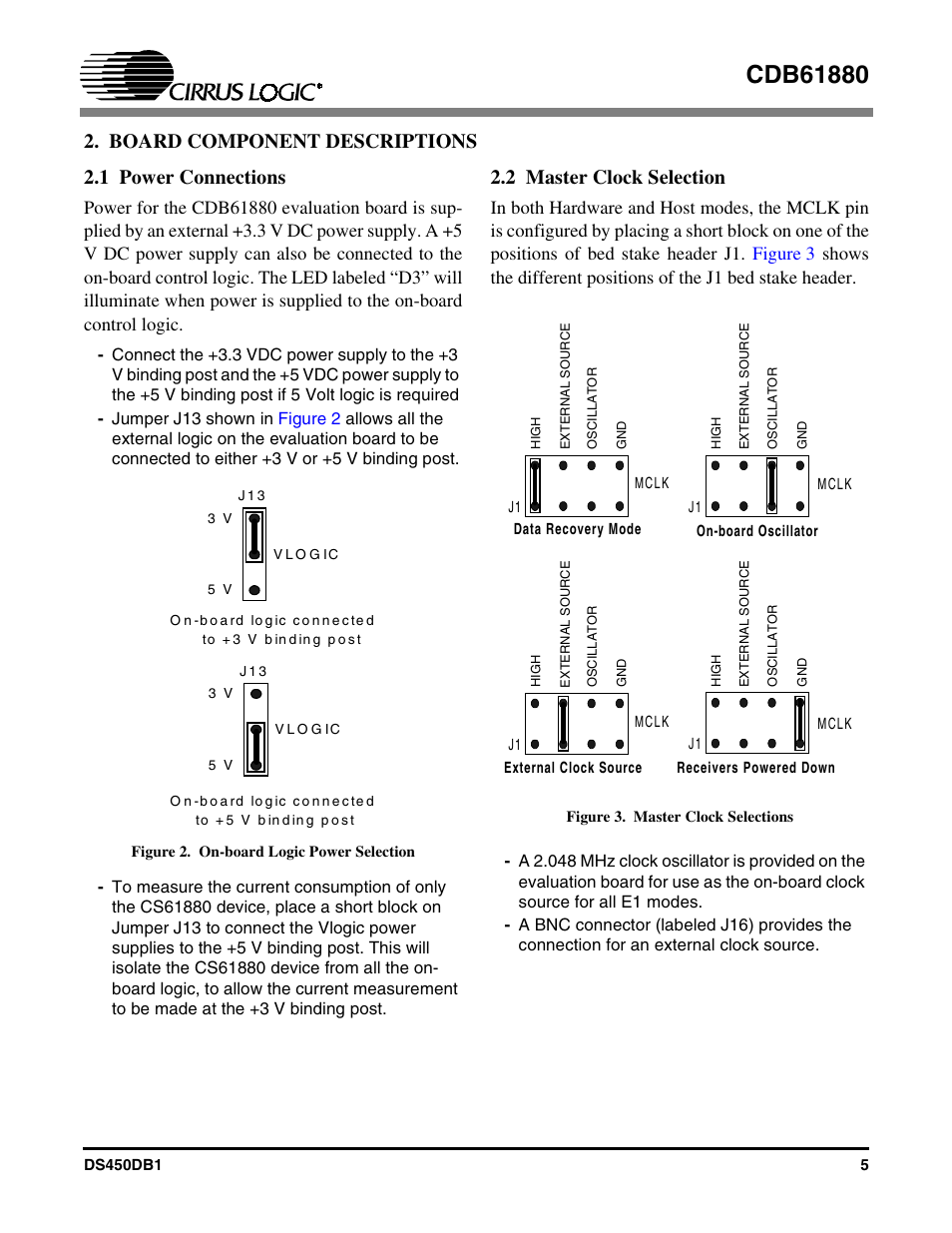 Board component descriptions, 1 power connections, 2 master clock selection | 1 power connections 2.2 master clock selection, Board component descriptions 2.1 power connections | Cirrus Logic CDB61880 User Manual | Page 5 / 22