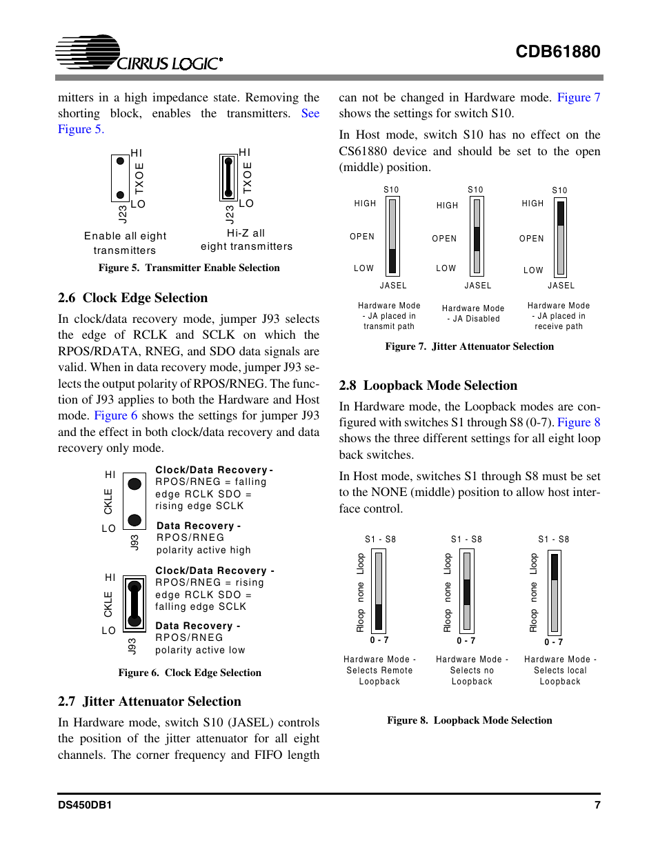 6 clock edge selection, 7 jitter attenuator selection, 8 loopback mode selection | Cirrus Logic CDB61880 User Manual | Page 7 / 22