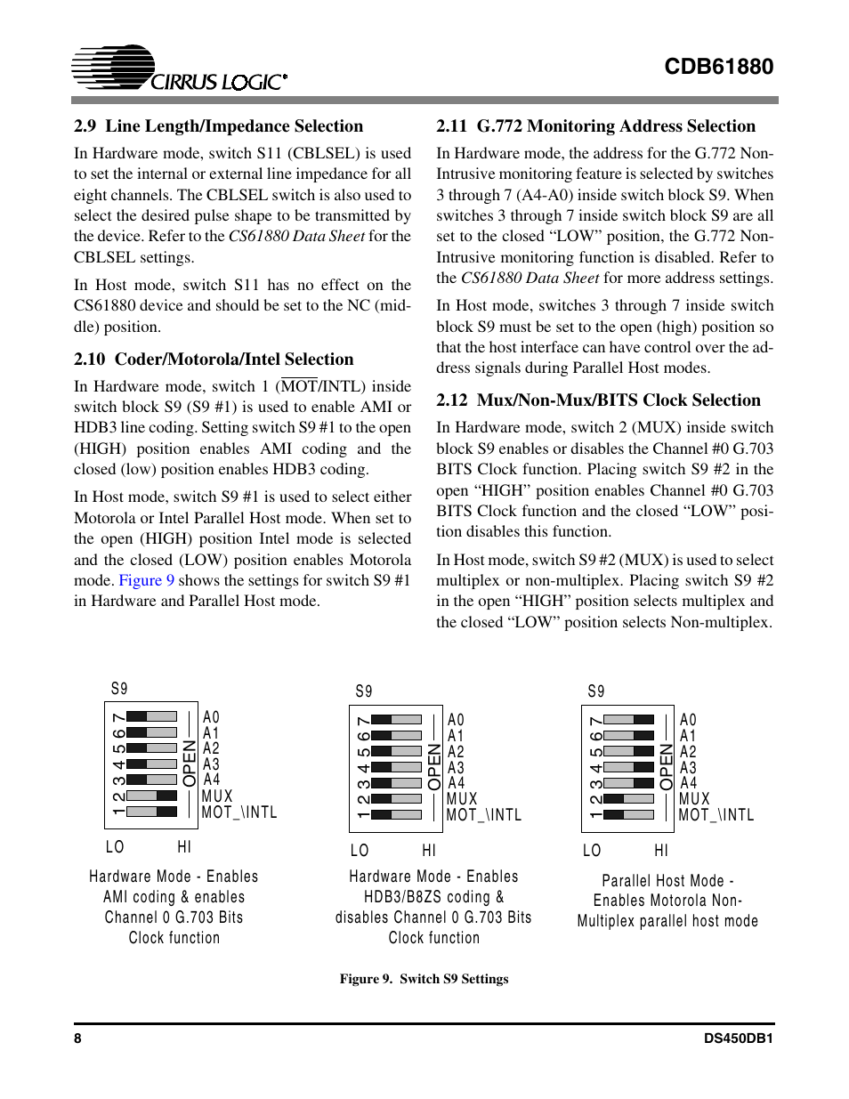 9 line length/impedance selection, 10 coder/motorola/intel selection, 11 g.772 monitoring address selection | 12 mux/non-mux/bits clock selection, Figure 9. switch s9 settings | Cirrus Logic CDB61880 User Manual | Page 8 / 22