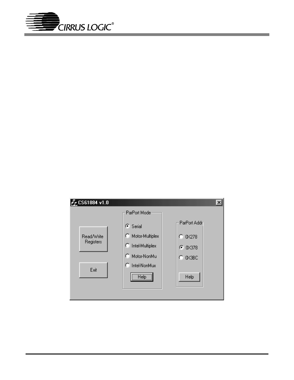 Cs61884 configuration screens, 1 choose parallel port settings, 2 access and configure the read / write registers | 1 access configuration screens, 2 select register to configure | Cirrus Logic CDB61884 User Manual | Page 12 / 22