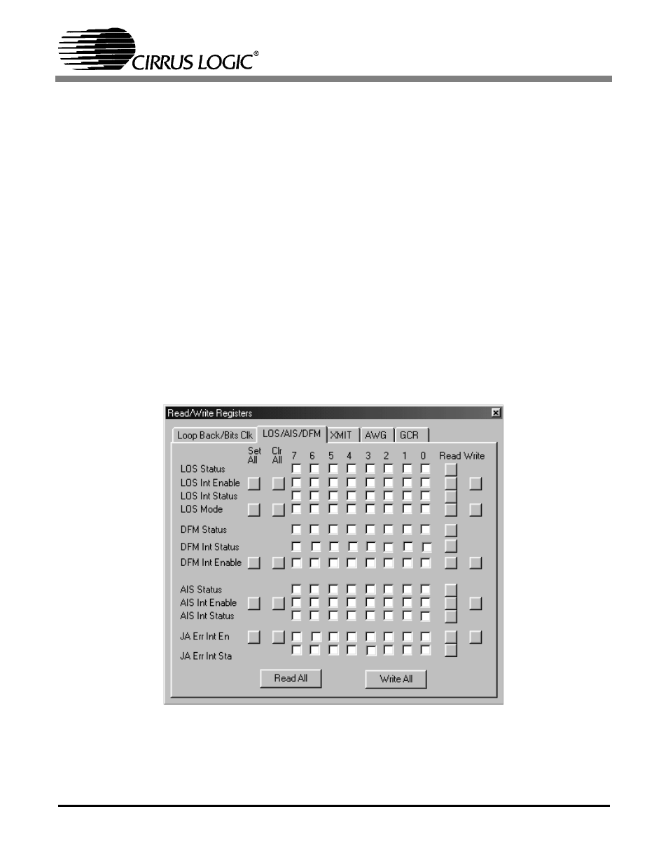 4 los/ais/dfm/ja register screen | Cirrus Logic CDB61884 User Manual | Page 14 / 22