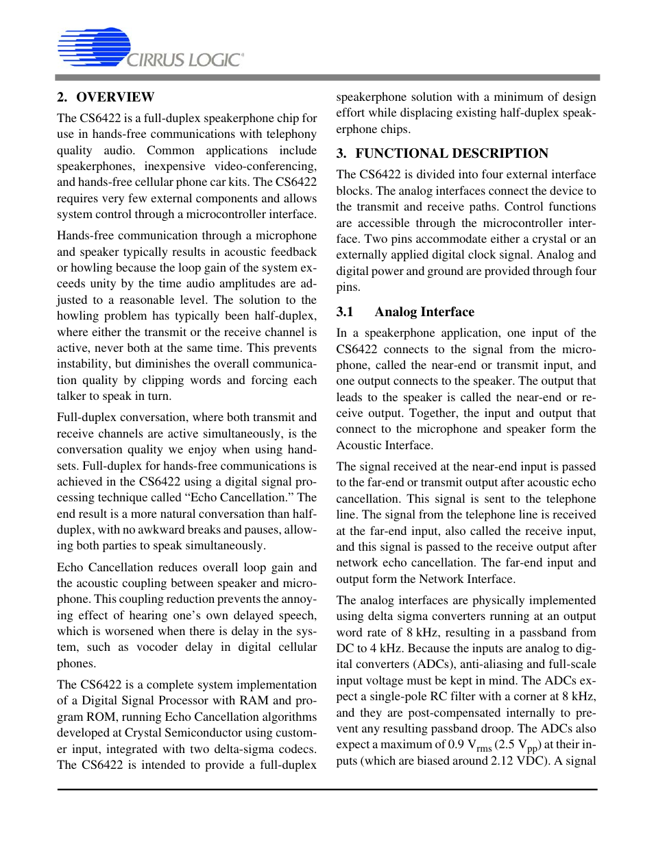 Overview, Functional description, 1 analog interface | Overview 3. functional description, Cs6422 | Cirrus Logic CS6422 User Manual | Page 10 / 48