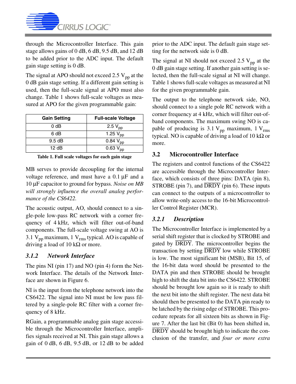 2 network interface, 2 microcontroller interface, 1 description | Table 1. full scale voltages for each gain stage, Section 3.2, “microcontroller inter- face, Cs6422 | Cirrus Logic CS6422 User Manual | Page 12 / 48