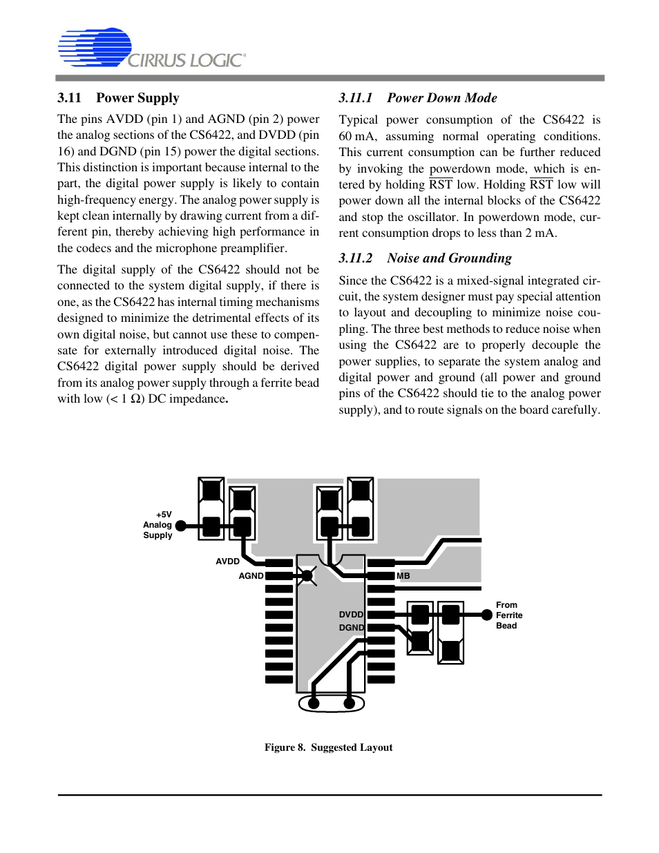 11 power supply, Figure 8. suggested layout, 1 power down mode | 2 noise and grounding, 1 power down mode 3.11.2 noise and grounding, Cs6422 | Cirrus Logic CS6422 User Manual | Page 30 / 48