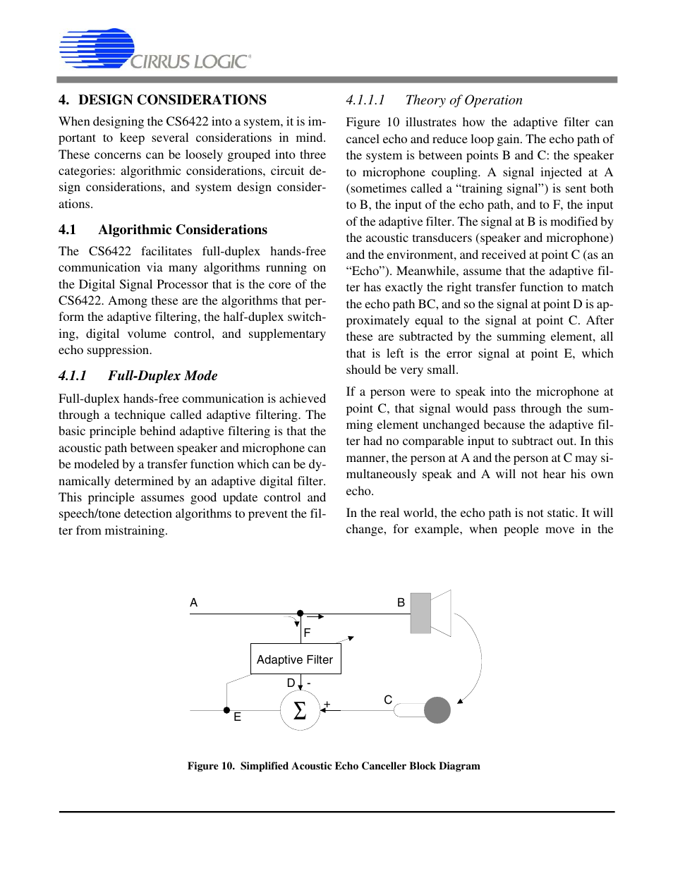 Design considerations, 1 algorithmic considerations, 1 full-duplex mode | 1 theory of operation, Section 4., “design considerations, Cs6422 | Cirrus Logic CS6422 User Manual | Page 32 / 48